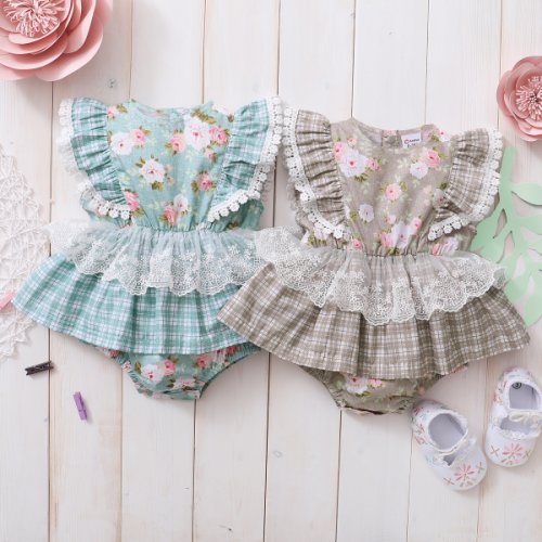 100% Cotton Floral and Plaid Print Lace Flutter-sleeve Baby Romper