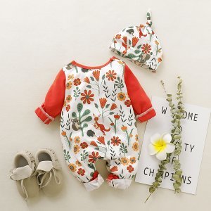2-piece Baby Girl Floral Allover Long-sleeve Jumpsuit and Hat