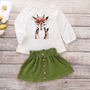 2-piece Baby / Toddler Christmas Elk Decor Blouse and Solid Skirt Set