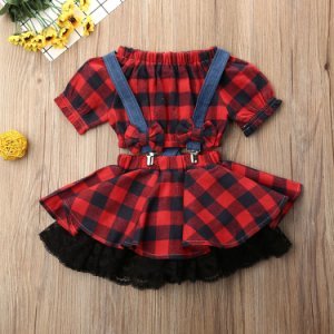 2-piece Baby / Toddler Christmas Red Plaid Top and Lace Tutu Suspender Skirt Set