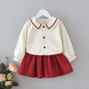 2-piece Baby / Toddler Doll Collar Cardigan and Solid Skirt Set