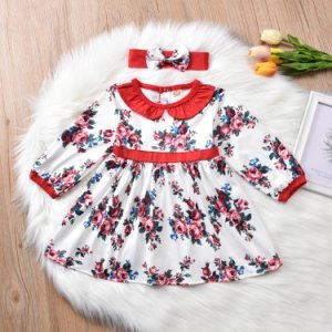 2-piece Baby / Toddler Doll Collar Floral Allover Long-sleeve Dress and Headband Set