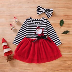 2-piece Baby / Toddler Girl Christmas Santa Striped Long-sleeve Splice Tulle Dress with Headband Set