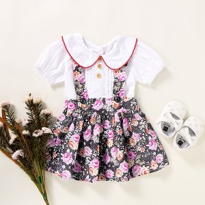 2-piece Baby / Toddler Girl Doll Collar Short-sleeve Top and Floral Suspender Skirt Set