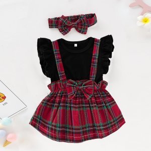 2-piece Baby/Toddler Girl's Plaid Splice Dress and Bow Headband