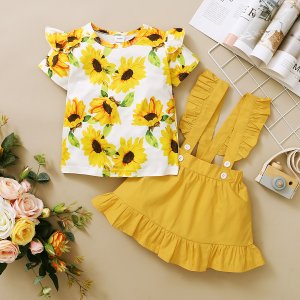 2-piece Baby/Toddler Girl Sunflower Ruffled Top and Yellow Strap Dress