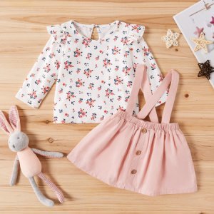 2-piece Baby / Toddler Girl Sweet Floral Doll Collar Blouse and Solid Suspender Skirt Set