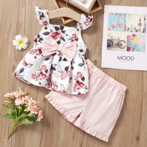 2-piece Baby/Toddler Gril Bow Rose Flutter-sleeve Sling Top and Shorts Set