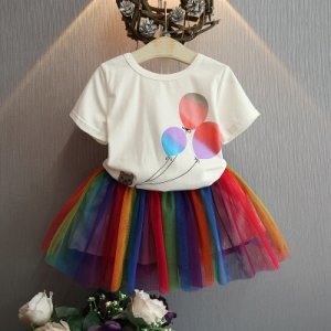 2-piece Balloon Print Short-sleeve Top and Rainbow Tutu Skirt for Baby Girl