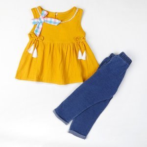 2-piece Chic Bowknot Decor Tank Top and Jeans Set for Toddler Girl