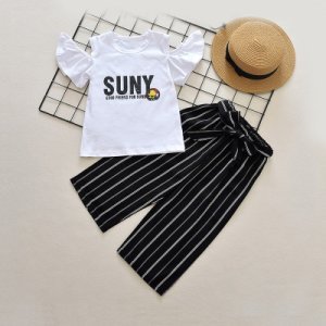 2-piece Cold Shoulder Letter Top and Striped Wide Leg Pants Set for Girl