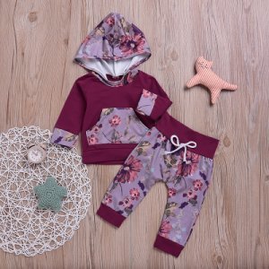 2-piece Comfy Floral Hooded Top and Pants in Crimson for Baby Girl