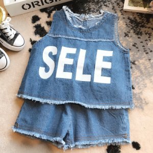 2-piece Fashionable SELE Print Sleeveless Denim Vest and Shorts for Toddler Girls