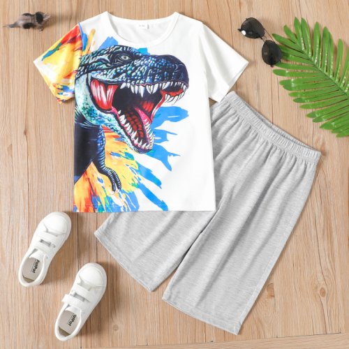 2-piece Kid Boy  Animal Dinosaur Print Short-sleeve Tee and Elasticized Shorts Set