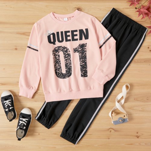 2-piece Kid Girl Crown Glittery Design Letter Number Print Pullover Sweatshirt and Black Pants Set