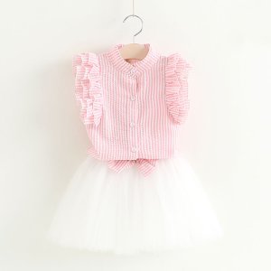 2-piece Striped Ruffled Shirt and Bowknot Mesh-layered Skirt Set for Baby Girl