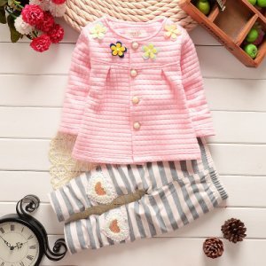 2-piece Sweet Floral Applique Top and Striped Pants for Baby Girl
