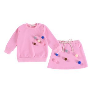 2-piece Sweet Pompom Decor Pullover and Skirt Set in Pink for Baby and Toddler Girl