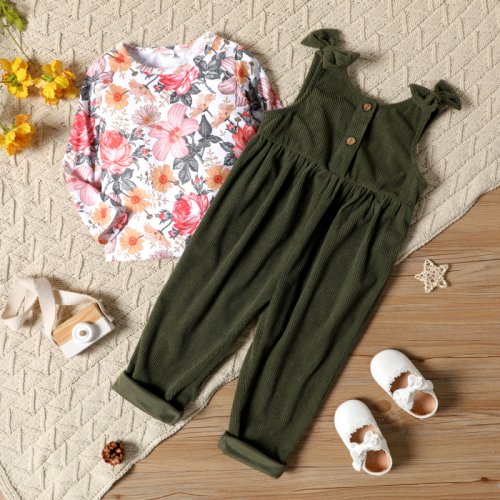 2-piece Toddler Girl Floral Print Round-collar Long-sleeve Tee and Bowknot Button Design Army Green Overalls Set