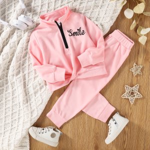 2-piece Toddler Girl Letter Print Stand Collar Zipper Sweatshirt and Elasticized Solid Pants Set