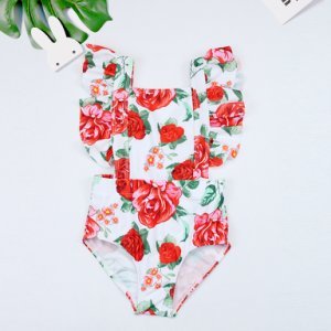 2019 Baby / Girl Ruffled Red Floral Swim One-piece