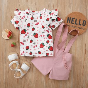 2pcs Strawberry Cherry Print Flutter-sleeve Baby Sets