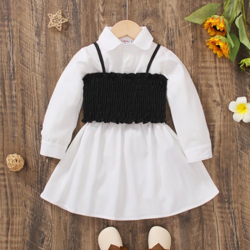 2pcs Toddler Girl Trendy Lapel Collar Long-sleeve Shirt Dress and Smocked Camisole Set