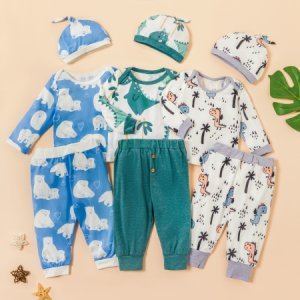 3-piece Baby Adorable Dino Print Long-sleeve Top and Pants with Hat Set