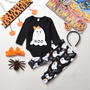 3-piece Baby Girl Halloween Ghost Print Bodysuit and Pants with Headband Set