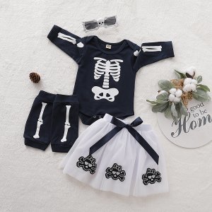 3-piece Baby Girl Halloween Style Skeleton Print Long-sleeve Top, Warmers and Skirt Set