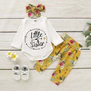 3-piece Baby Girl LITTLE SISTER Print Bodysuit and Floral Pants with Headband Set