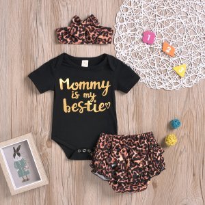 3-piece Baby Girl MOMMY IS MY BESTIE Bodysuit and Leopard Print Shorts with Headband Set