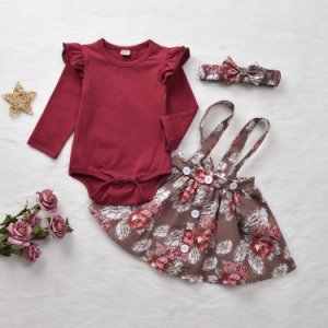 3-piece Baby Girl Solid Romper , Headband, and Floral Allover Strappy Skirt Set