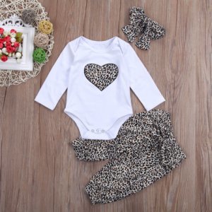 3-piece Baby Girl Trendy Leopard Print Bodysuit and Pants with Headband Set