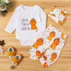 3-piece Baby Lion Print SAVE THE EARTH Romper and Pants with Hat Set