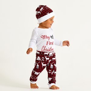 3-piece Baby MY FIRST CHRISTMAS Print Bodysuit and Animal Pants with Hat Set