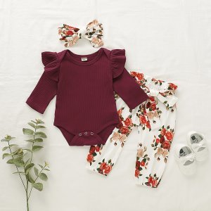 3-piece Baby Pretty Solid Flutter-sleeve Bodysuit and Floral Pants with Headband Set