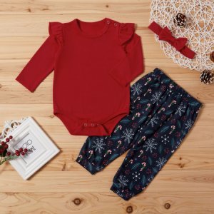 3-piece Baby Solid Flutter-sleeve Bodysuit and Snowflake Allover Pants with Headband Set
