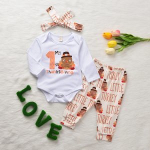3-piece Baby Thanksgiving Turkey Bodysuit and Pants with Headband Set