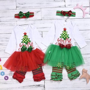 3-piece Baby / Toddler Girl MY FIRST CHRISTMAS Long-sleeve Tulle Dress and Striped Leg Warmer with Headband Set