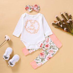 3-piece Baby / Toddler Letter Print Bodysuit and Floral Pants with Headband Set