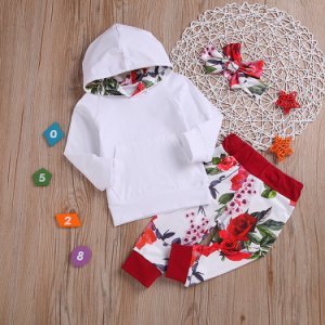 3-piece Baby / Toddler Solid Hoodies and Floral Pants with Headband Set