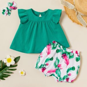 3-piece Baby / Toddler Solid Top and Cactus Allover Print Shorts with Headband Set