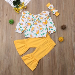 3-piece Baby / Toddler Summer Lemon Print Flounced Collar Top and Solid Bellbottom Pants with Headband Set