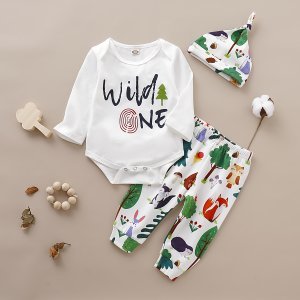 3-piece Baby WILD ONE Print Bodysuit and Cute Animal Pants with Hat Set