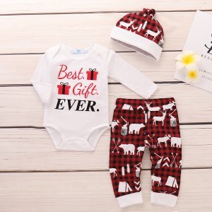 3-piece CHRISTMAS BEST GIFT EVER Bodysuit and Plaid Elk Pants with Hat Set