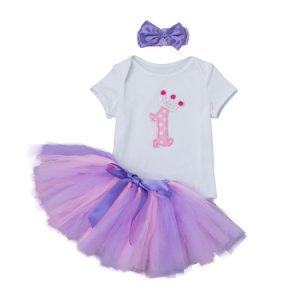3-piece First Birthday Romper Tutu Skirt and Solid Headband for Baby Girl