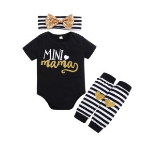3-piece Letter Bodysuit Stripes Leggings and Sequin Bow Headband for Baby Girl