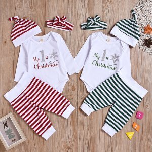 4-piece Baby Girl MY FIRST CHRISTMAS Print Bodysuit, Striped Pants and Hat with Headband Set