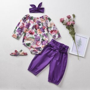 4-piece Baby Girl Pretty Floral Off Shoulder Bodysuit and Purple Pants with 2 Headbands Set